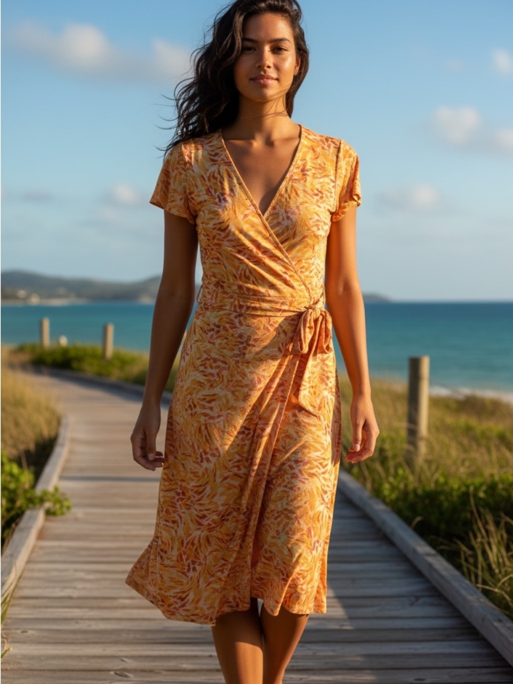 Yellow Orange Floral Wrap Dress
